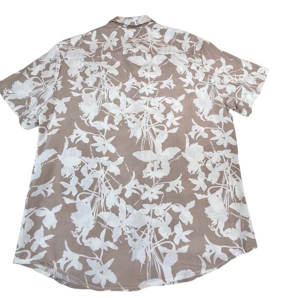 Denim & Flower Tan White Floral Men’s Casual Button Front Shirt Short Sleeve - Picture 13 of 16
